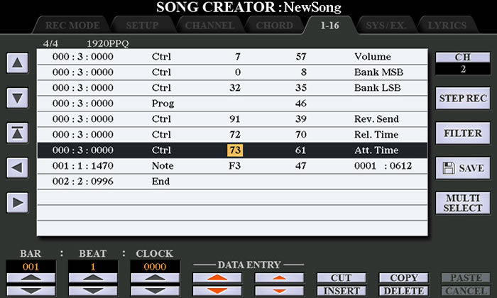 Display of CH2 note events